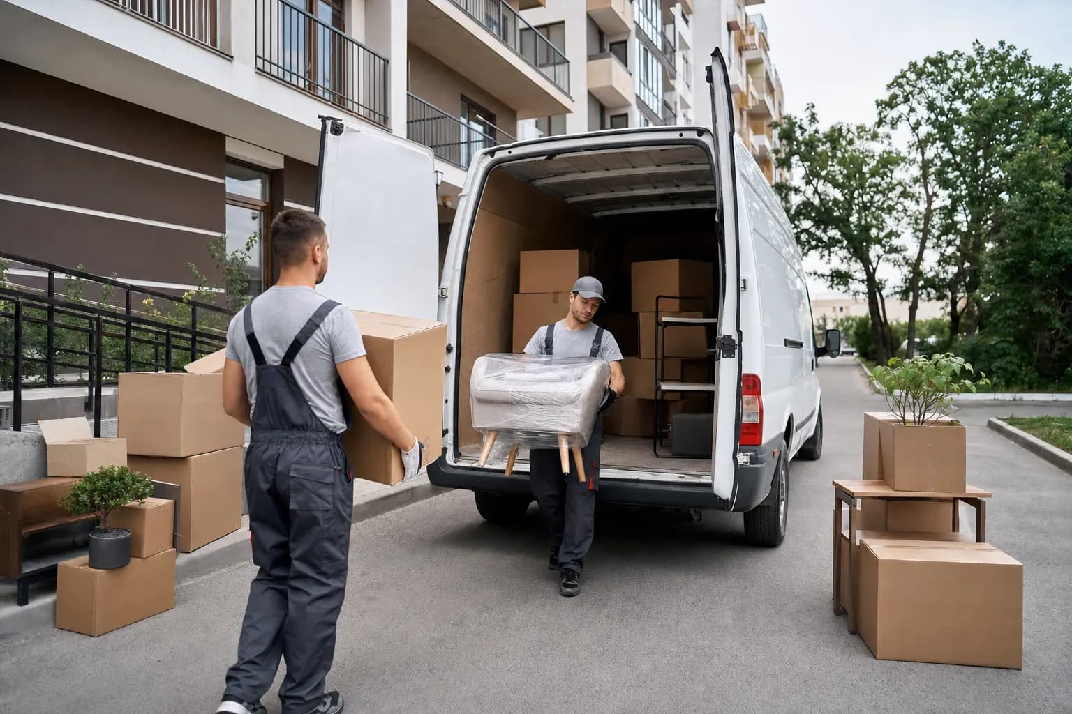 Mutare locuință cu mobilier și cutii încărcate atent într-o dubă
