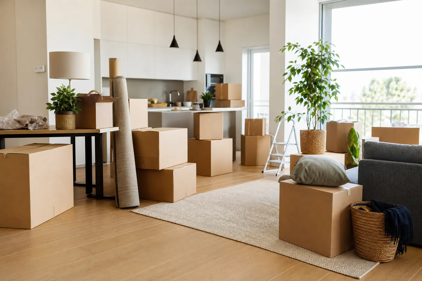 Apartament luminos cu mobilier si cutii pregatite pentru mutare